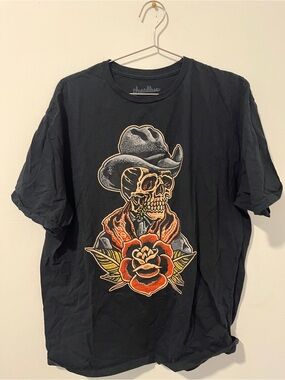 Threadless Black Tee with Orange Rose & Cowboy Skull Graphic